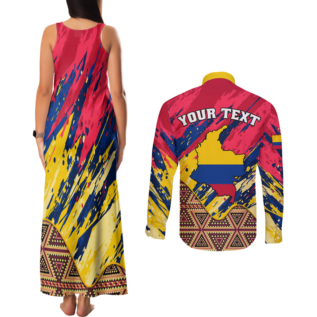 Personalised Colombia Couples Matching Tank Maxi Dress and Long Sleeve Button Shirts Colombian Tribal Seamless Patterns - Wonder Print Shop