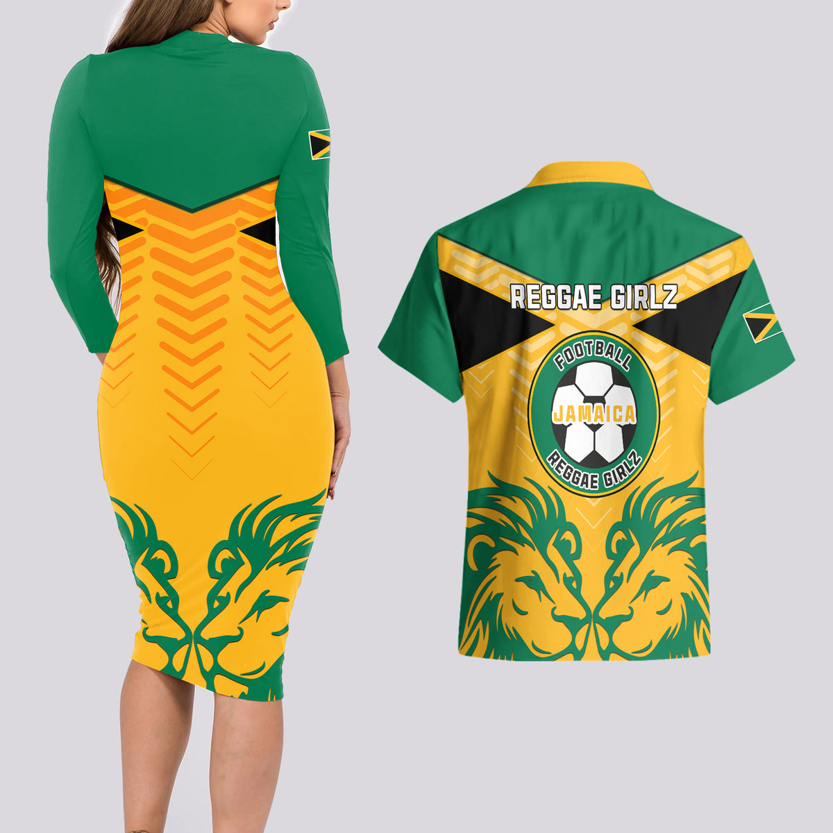 Jamaica Football Couples Matching Long Sleeve Bodycon Dress and Hawaiian Shirt Reggae Girlz Lion Sporty Style - Wonder Print Shop