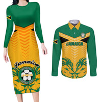 Jamaica Football Couples Matching Long Sleeve Bodycon Dress and Long Sleeve Button Shirts Reggae Girlz Lion Sporty Style - Wonder Print Shop
