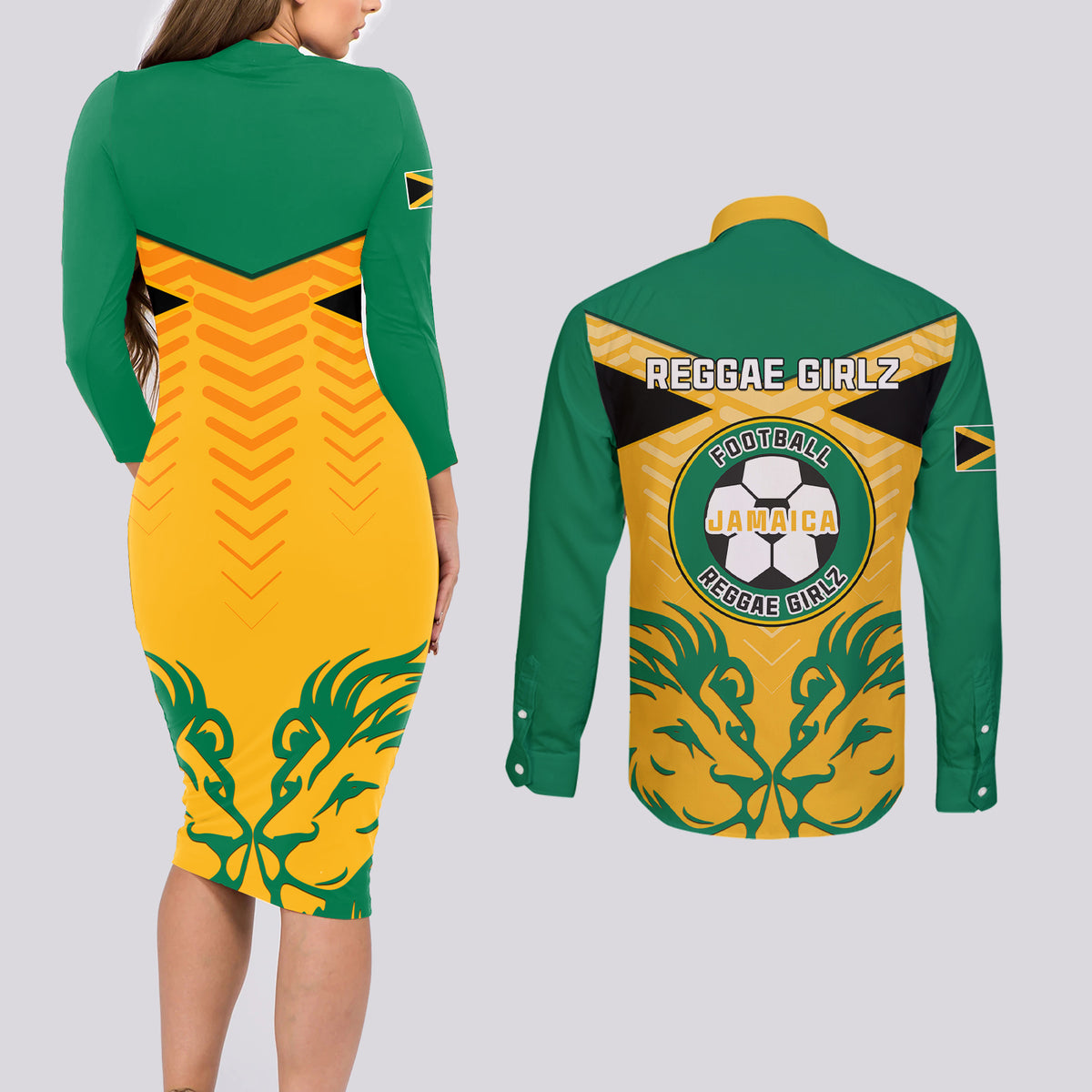 Jamaica Football Couples Matching Long Sleeve Bodycon Dress and Long Sleeve Button Shirts Reggae Girlz Lion Sporty Style - Wonder Print Shop