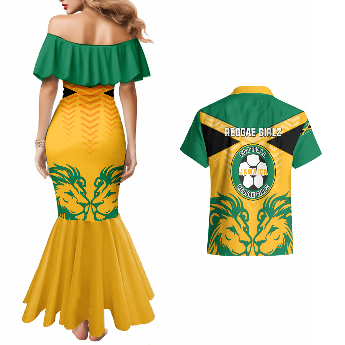 Jamaica Football Couples Matching Mermaid Dress And Hawaiian Shirt Reggae Girlz Lion Sporty Style - Wonder Print Shop
