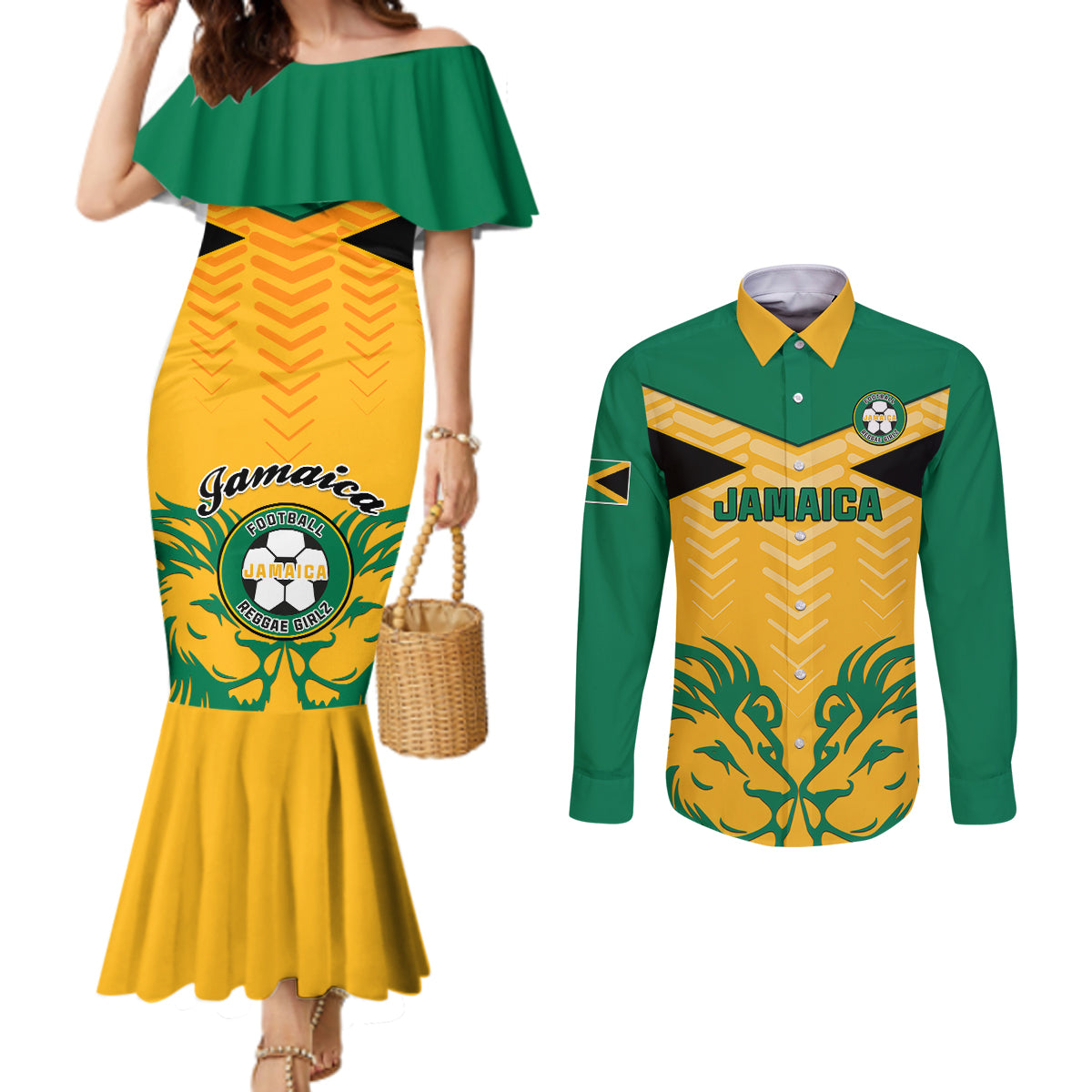 jamaica-football-couples-matching-mermaid-dress-and-long-sleeve-button-shirts-reggae-girlz-lion-sporty-style
