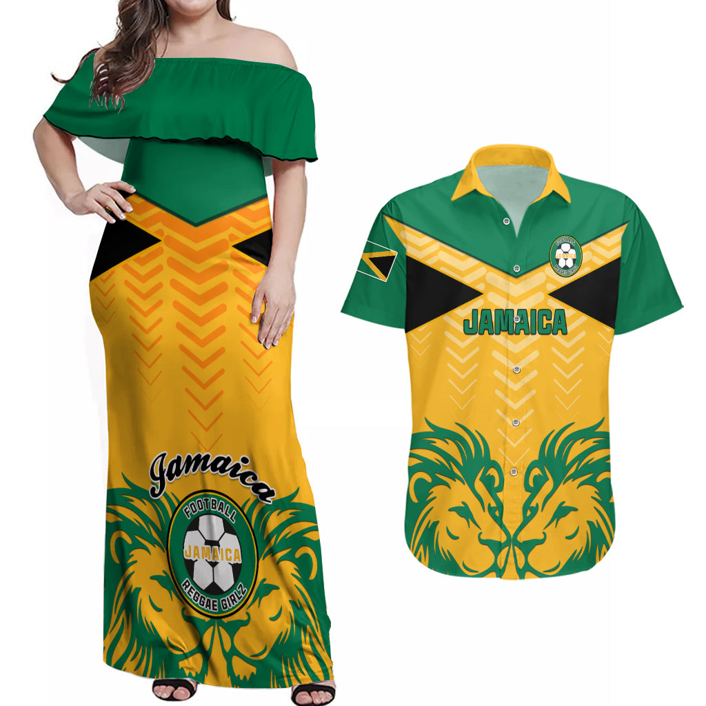 Jamaica Football Couples Matching Off Shoulder Maxi Dress and Hawaiian Shirt Reggae Girlz Lion Sporty Style - Wonder Print Shop