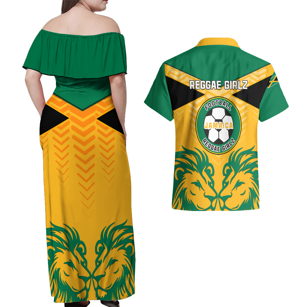 Jamaica Football Couples Matching Off Shoulder Maxi Dress and Hawaiian Shirt Reggae Girlz Lion Sporty Style - Wonder Print Shop