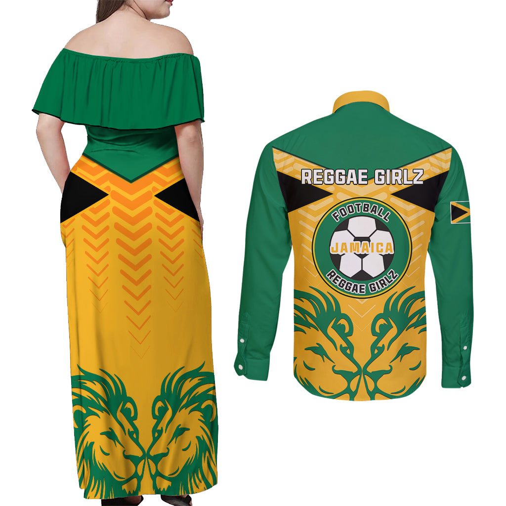 Jamaica Football Couples Matching Off Shoulder Maxi Dress and Long Sleeve Button Shirts Reggae Girlz Lion Sporty Style - Wonder Print Shop