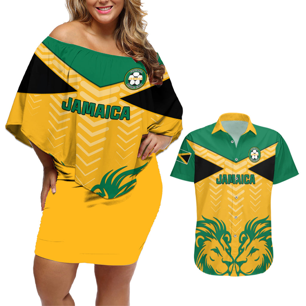 Jamaica Football Couples Matching Off Shoulder Short Dress and Hawaiian Shirt Reggae Girlz Lion Sporty Style - Wonder Print Shop