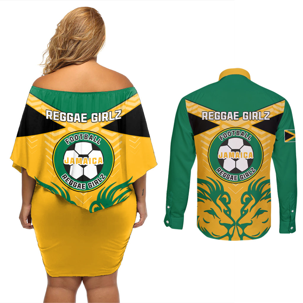 Jamaica Football Couples Matching Off Shoulder Short Dress and Long Sleeve Button Shirts Reggae Girlz Lion Sporty Style - Wonder Print Shop