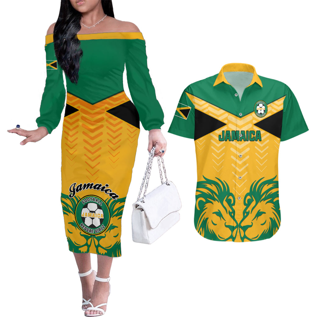 Jamaica Football Couples Matching Off The Shoulder Long Sleeve Dress and Hawaiian Shirt Reggae Girlz Lion Sporty Style - Wonder Print Shop