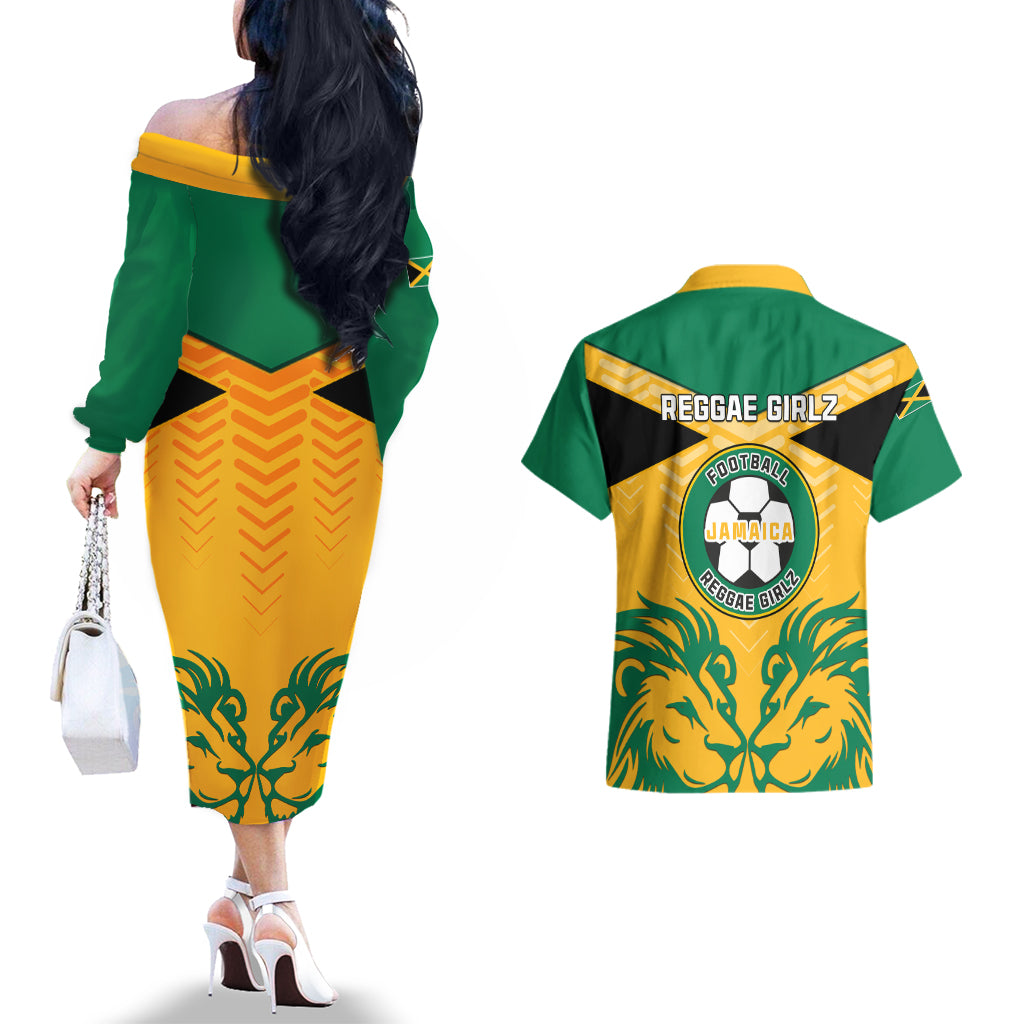 Jamaica Football Couples Matching Off The Shoulder Long Sleeve Dress and Hawaiian Shirt Reggae Girlz Lion Sporty Style - Wonder Print Shop