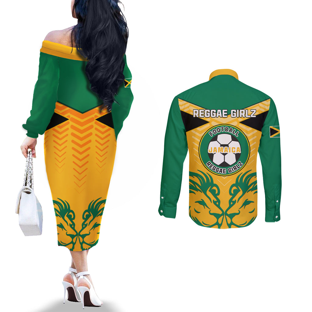 jamaica-football-couples-matching-off-the-shoulder-long-sleeve-dress-and-long-sleeve-button-shirts-reggae-girlz-lion-sporty-style