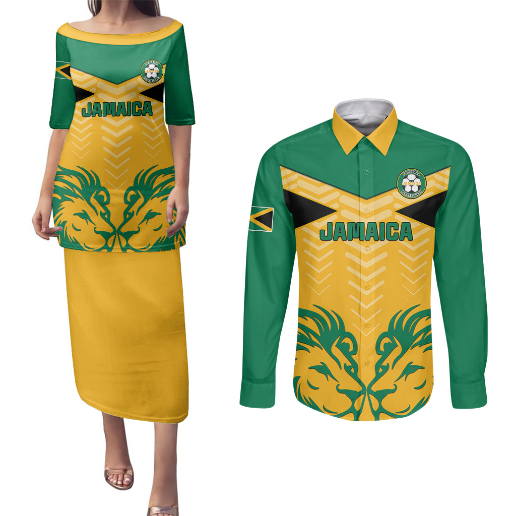 Jamaica Football Couples Matching Puletasi Dress and Long Sleeve Button Shirts Reggae Girlz Lion Sporty Style - Wonder Print Shop