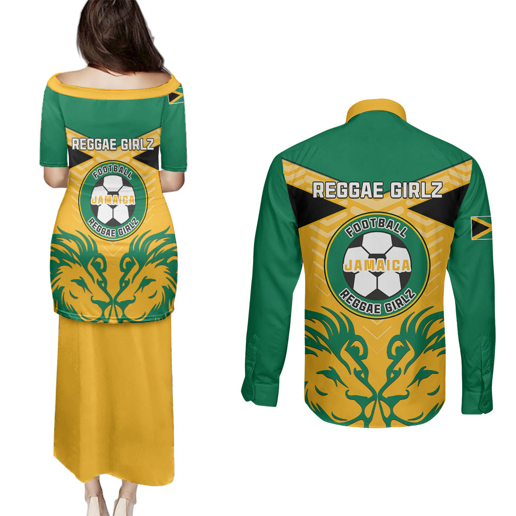 Jamaica Football Couples Matching Puletasi Dress and Long Sleeve Button Shirts Reggae Girlz Lion Sporty Style - Wonder Print Shop