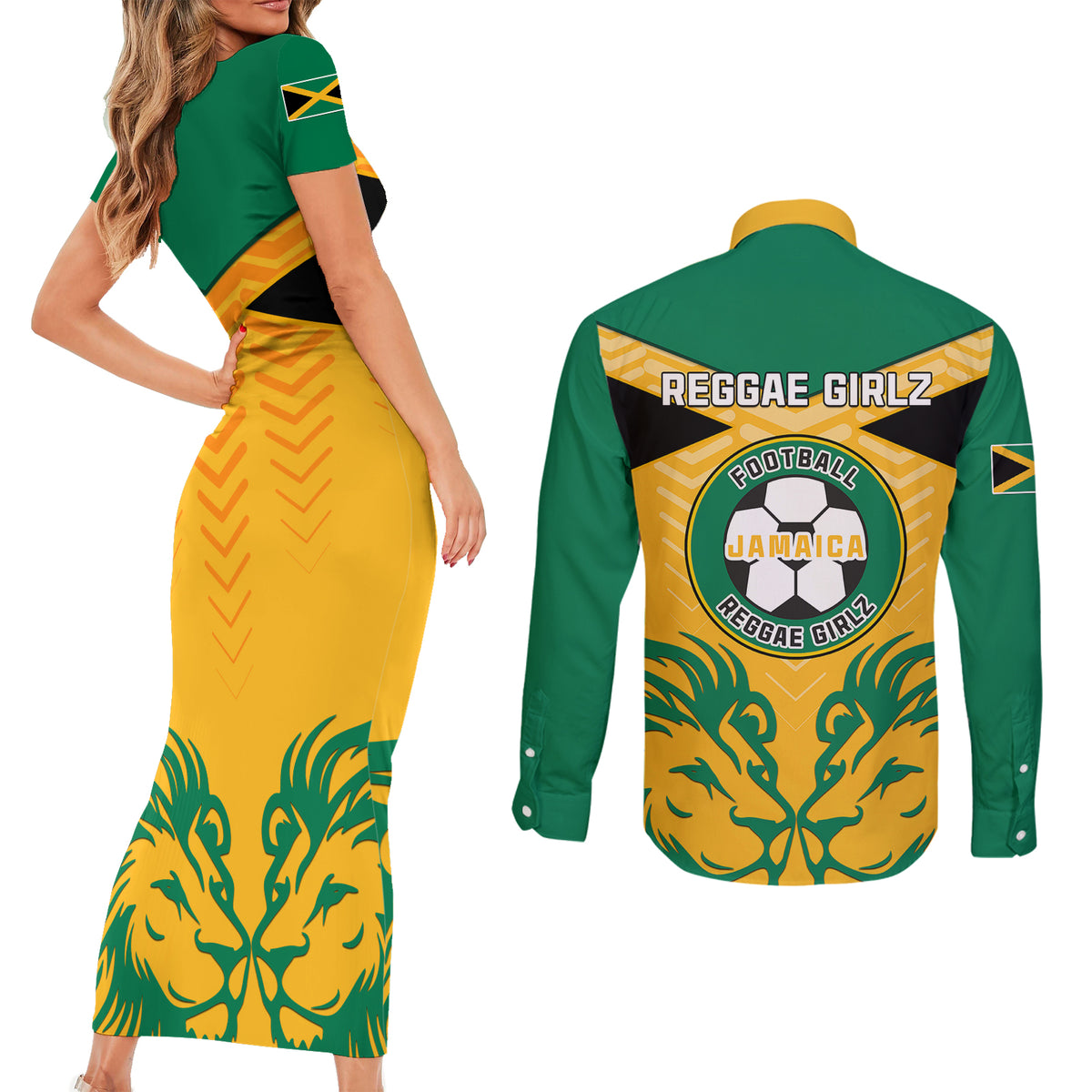 Jamaica Football Couples Matching Short Sleeve Bodycon Dress and Long Sleeve Button Shirts Reggae Girlz Lion Sporty Style - Wonder Print Shop