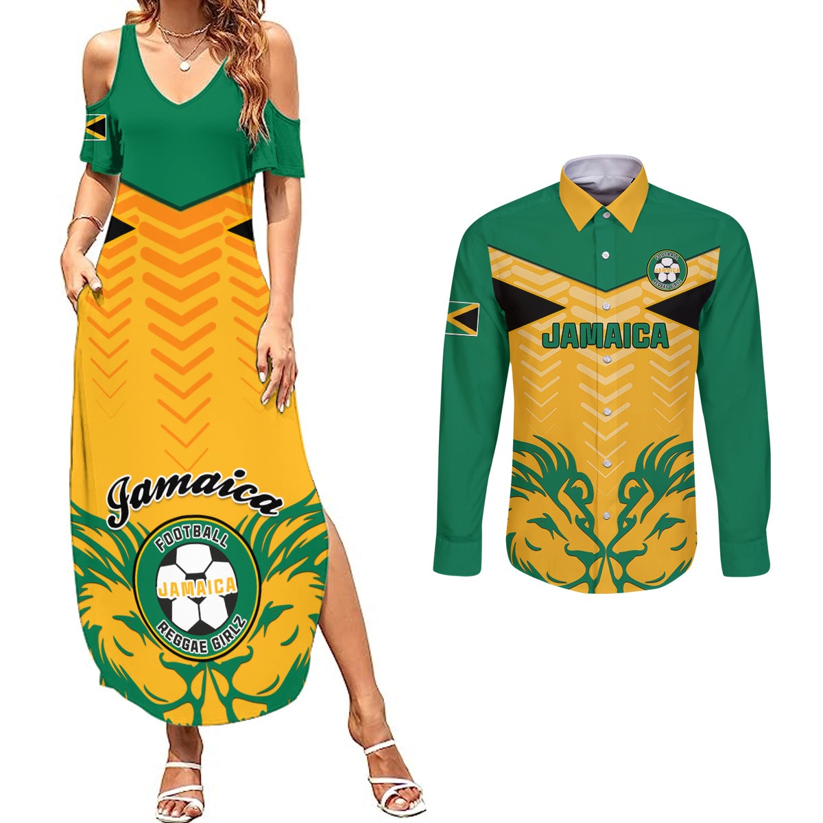 Jamaica Football Couples Matching Summer Maxi Dress and Long Sleeve Button Shirts Reggae Girlz Lion Sporty Style - Wonder Print Shop