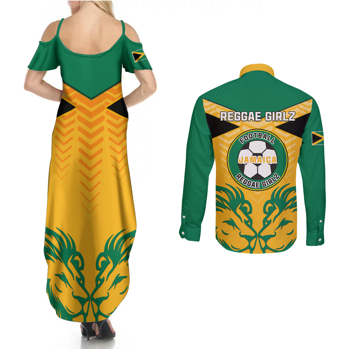Jamaica Football Couples Matching Summer Maxi Dress and Long Sleeve Button Shirts Reggae Girlz Lion Sporty Style - Wonder Print Shop