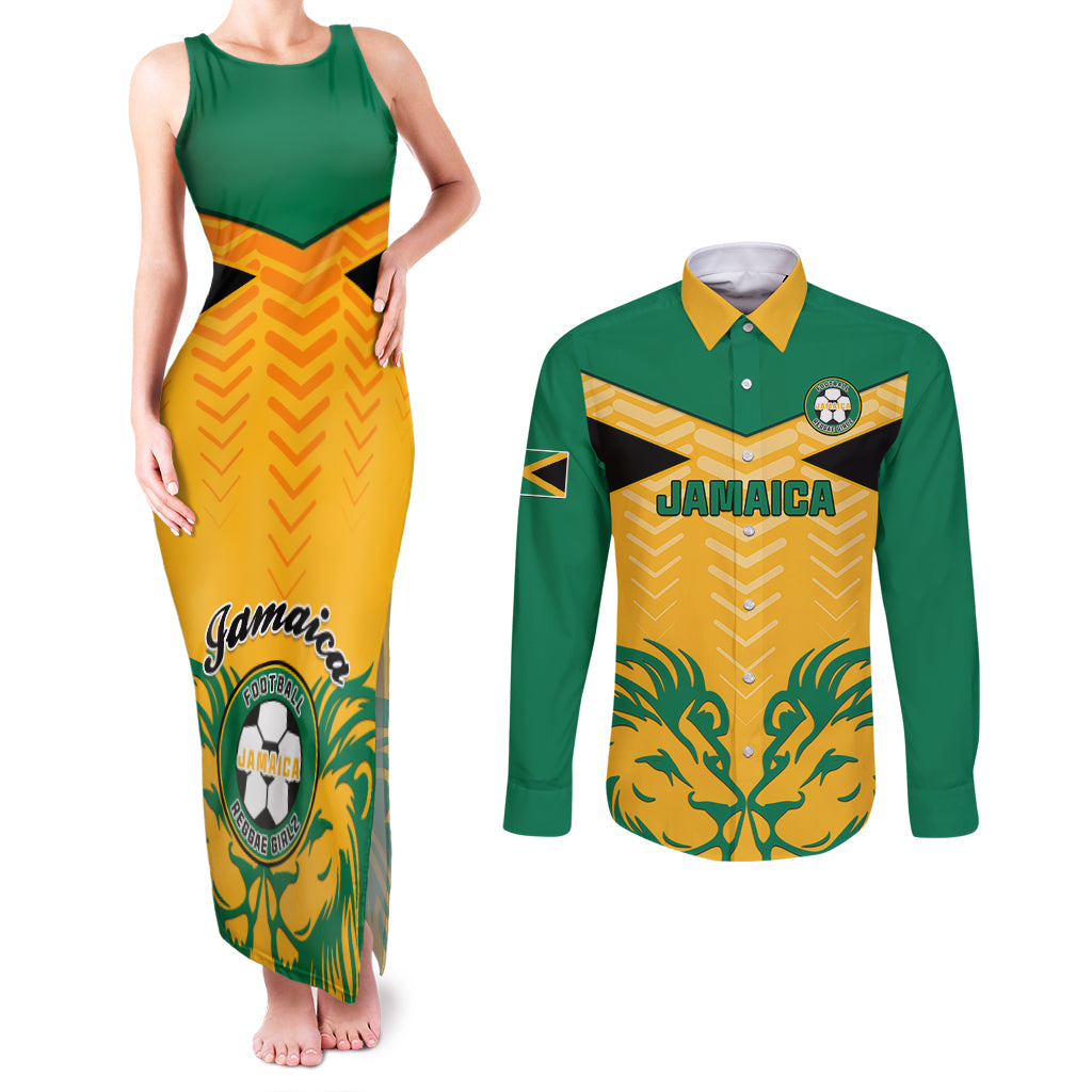 Jamaica Football Couples Matching Tank Maxi Dress and Long Sleeve Button Shirts Reggae Girlz Lion Sporty Style - Wonder Print Shop