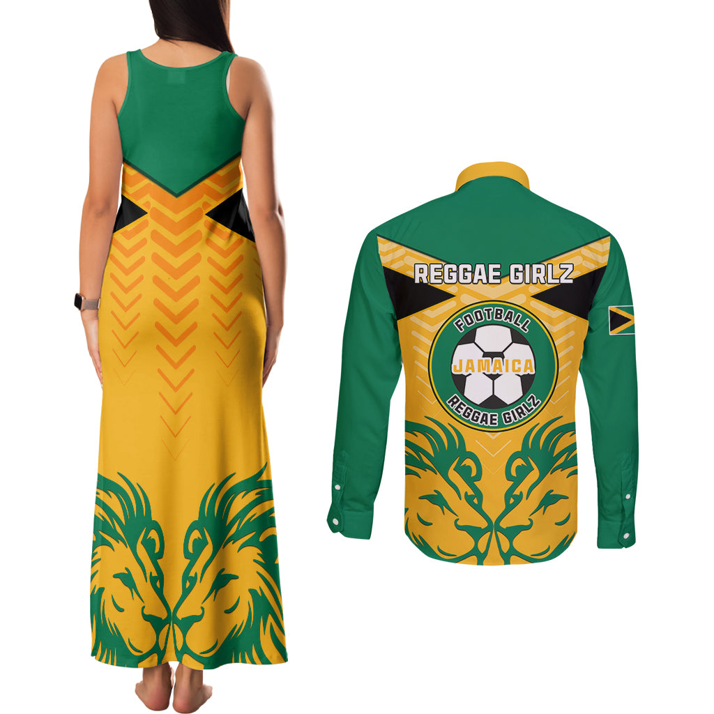 Jamaica Football Couples Matching Tank Maxi Dress and Long Sleeve Button Shirts Reggae Girlz Lion Sporty Style - Wonder Print Shop