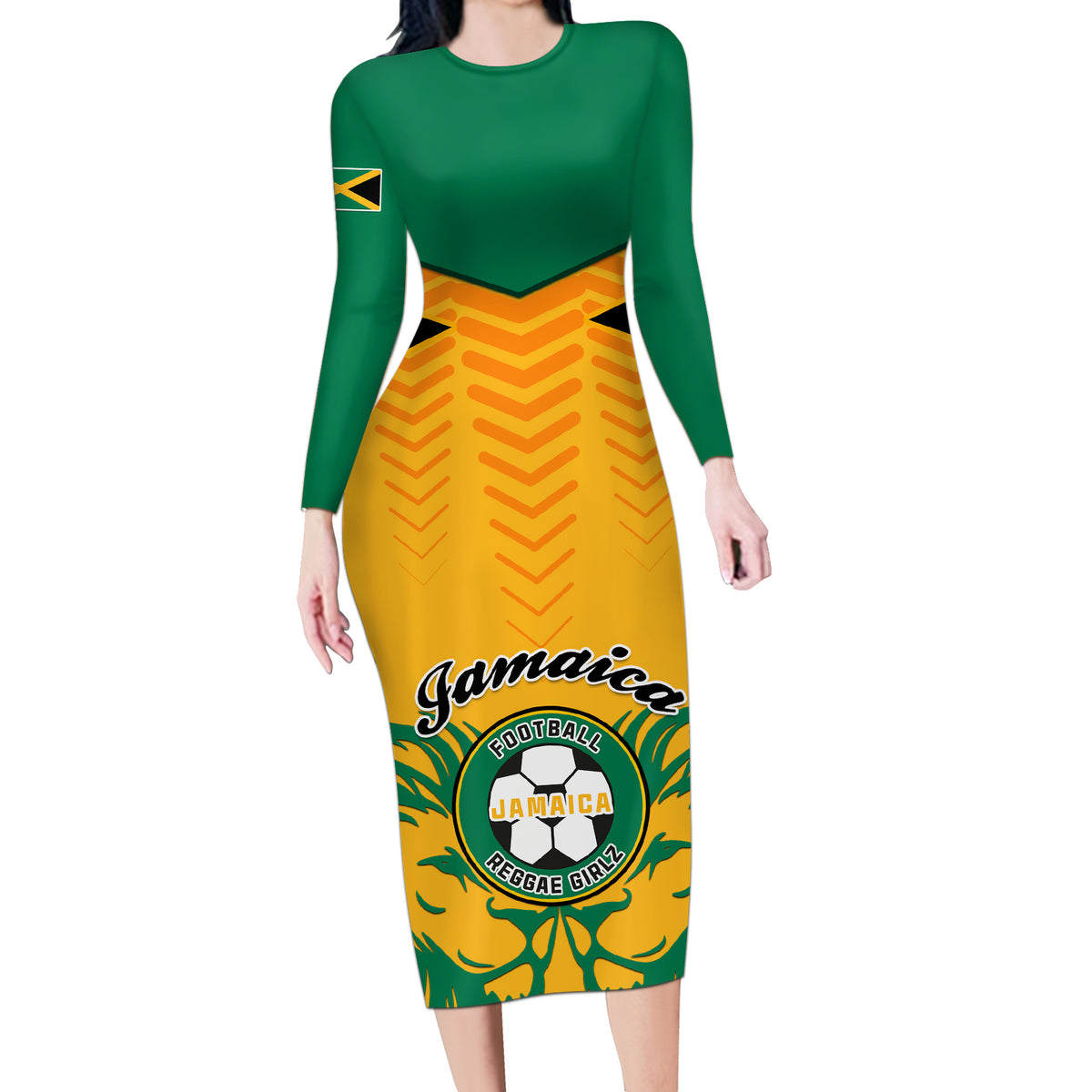 Jamaica Football Long Sleeve Bodycon Dress Reggae Girlz Lion Sporty Style - Wonder Print Shop