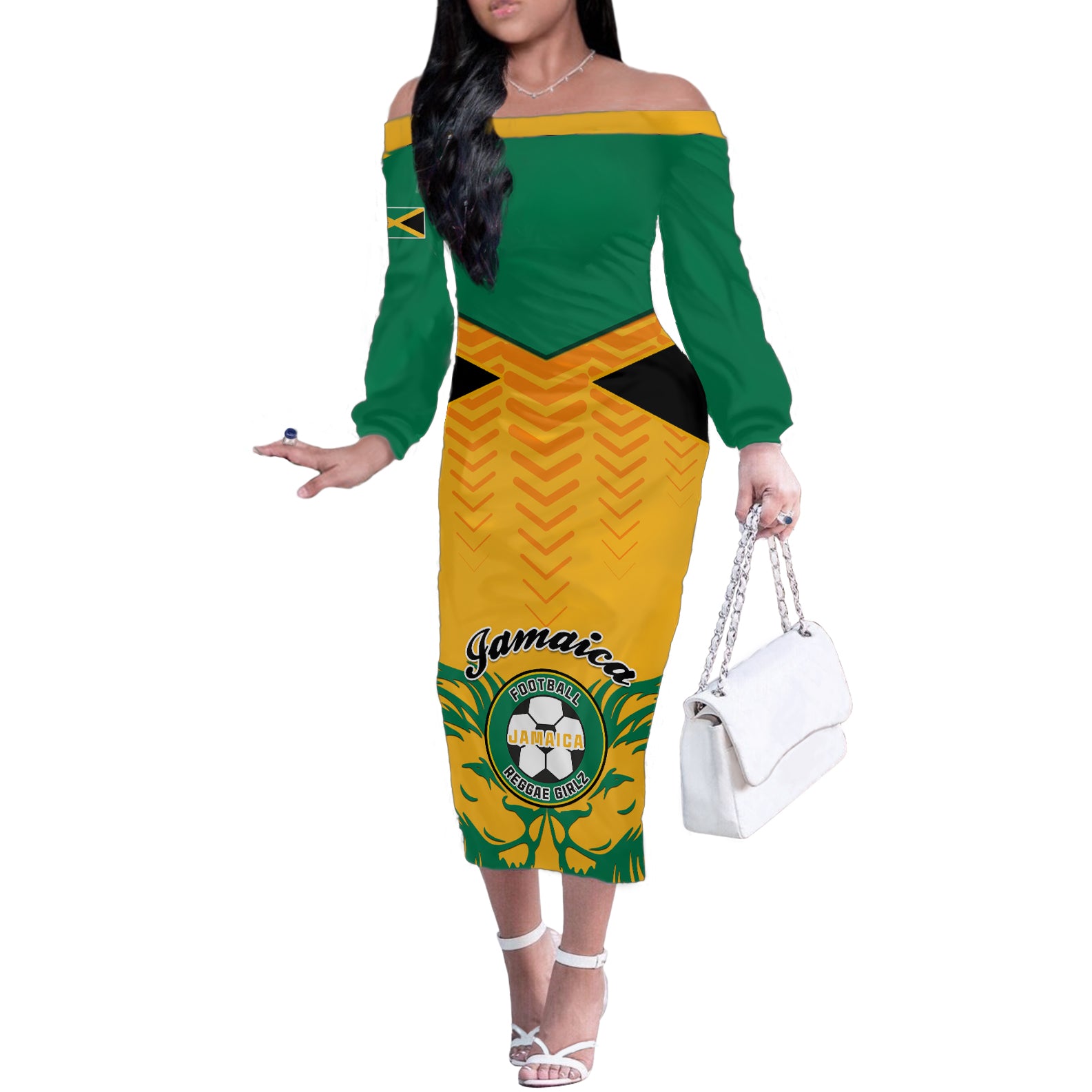 Jamaica Football Off The Shoulder Long Sleeve Dress Reggae Girlz Lion Sporty Style - Wonder Print Shop