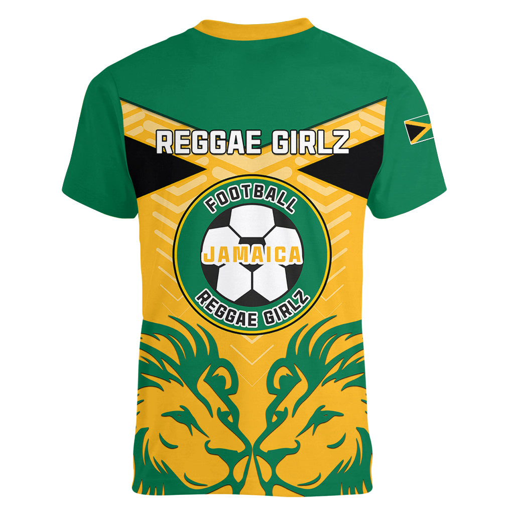 Jamaica Football Women V Neck T Shirt Reggae Girlz Lion Sporty Style - Wonder Print Shop