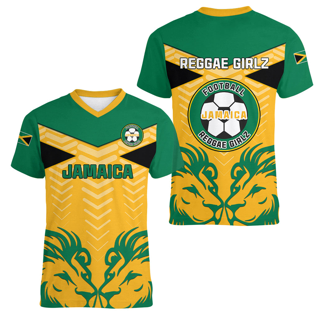 Jamaica Football Women V Neck T Shirt Reggae Girlz Lion Sporty Style - Wonder Print Shop