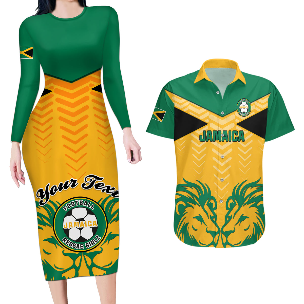 Personalised Jamaica Football Couples Matching Long Sleeve Bodycon Dress and Hawaiian Shirt Reggae Girlz Lion Sporty Style - Wonder Print Shop