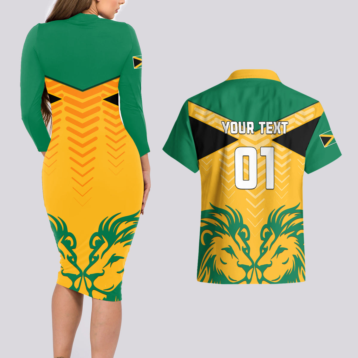 Personalised Jamaica Football Couples Matching Long Sleeve Bodycon Dress and Hawaiian Shirt Reggae Girlz Lion Sporty Style - Wonder Print Shop