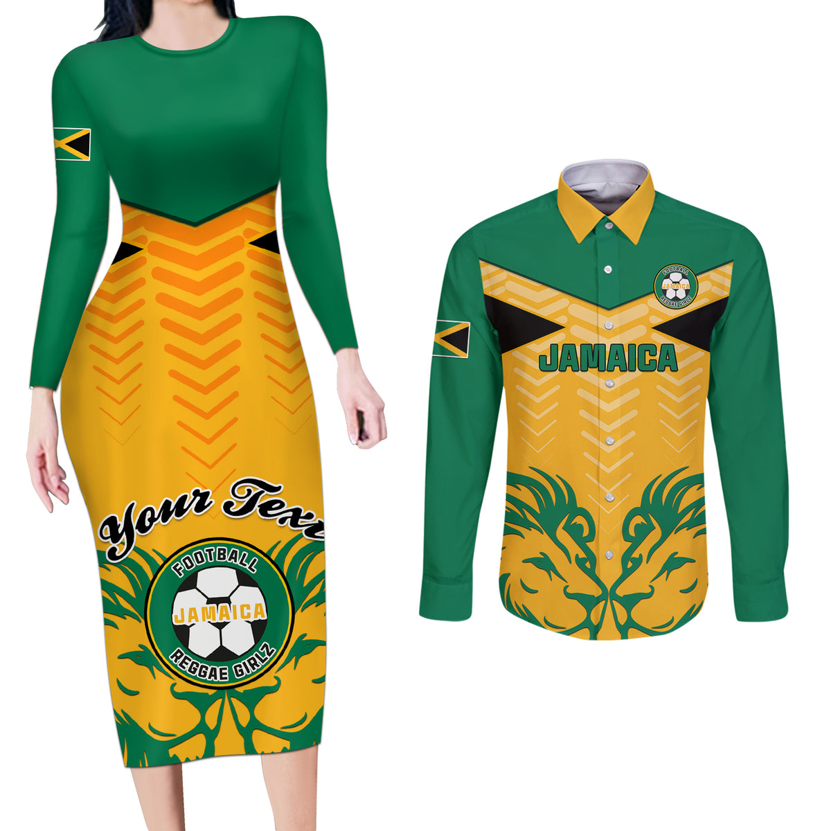 Personalised Jamaica Football Couples Matching Long Sleeve Bodycon Dress and Long Sleeve Button Shirts Reggae Girlz Lion Sporty Style - Wonder Print Shop