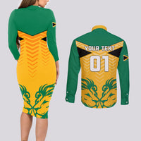 Personalised Jamaica Football Couples Matching Long Sleeve Bodycon Dress and Long Sleeve Button Shirts Reggae Girlz Lion Sporty Style - Wonder Print Shop