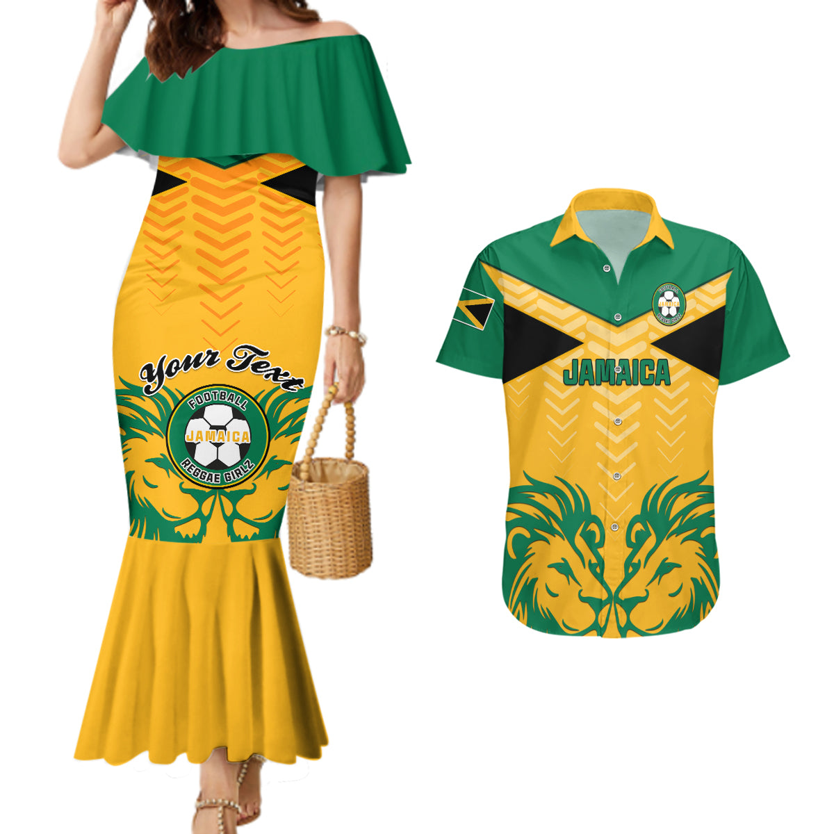 Personalised Jamaica Football Couples Matching Mermaid Dress And Hawaiian Shirt Reggae Girlz Lion Sporty Style - Wonder Print Shop