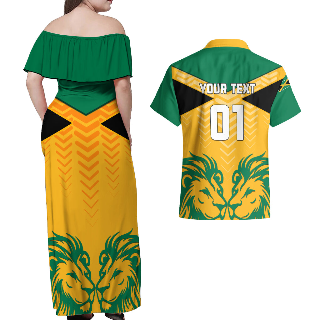 Personalised Jamaica Football Couples Matching Off Shoulder Maxi Dress and Hawaiian Shirt Reggae Girlz Lion Sporty Style - Wonder Print Shop