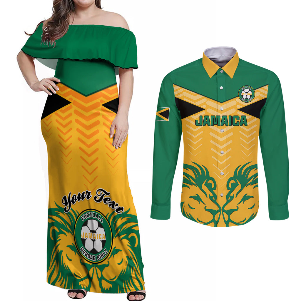 Personalised Jamaica Football Couples Matching Off Shoulder Maxi Dress and Long Sleeve Button Shirts Reggae Girlz Lion Sporty Style - Wonder Print Shop