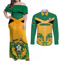 Personalised Jamaica Football Couples Matching Off Shoulder Maxi Dress and Long Sleeve Button Shirts Reggae Girlz Lion Sporty Style - Wonder Print Shop