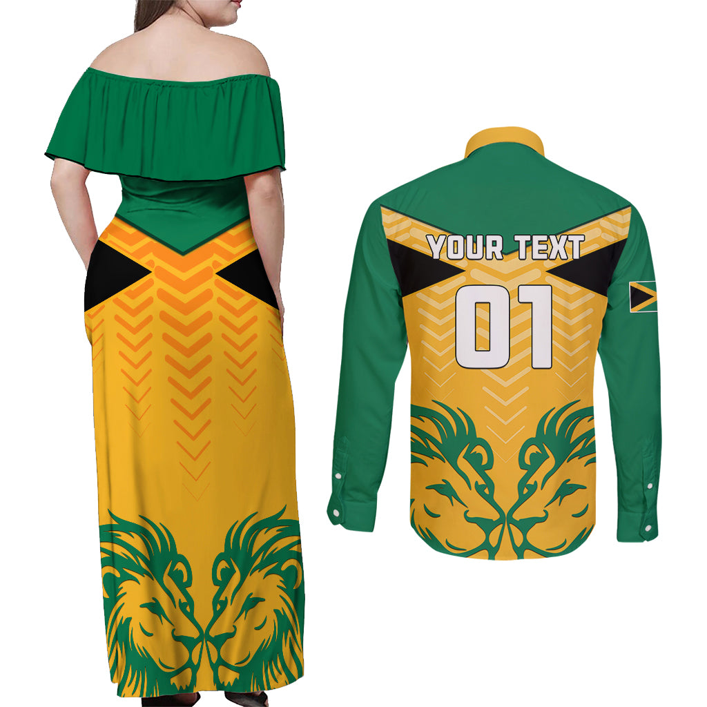 Personalised Jamaica Football Couples Matching Off Shoulder Maxi Dress and Long Sleeve Button Shirts Reggae Girlz Lion Sporty Style - Wonder Print Shop