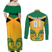 Personalised Jamaica Football Couples Matching Off Shoulder Maxi Dress and Long Sleeve Button Shirts Reggae Girlz Lion Sporty Style - Wonder Print Shop