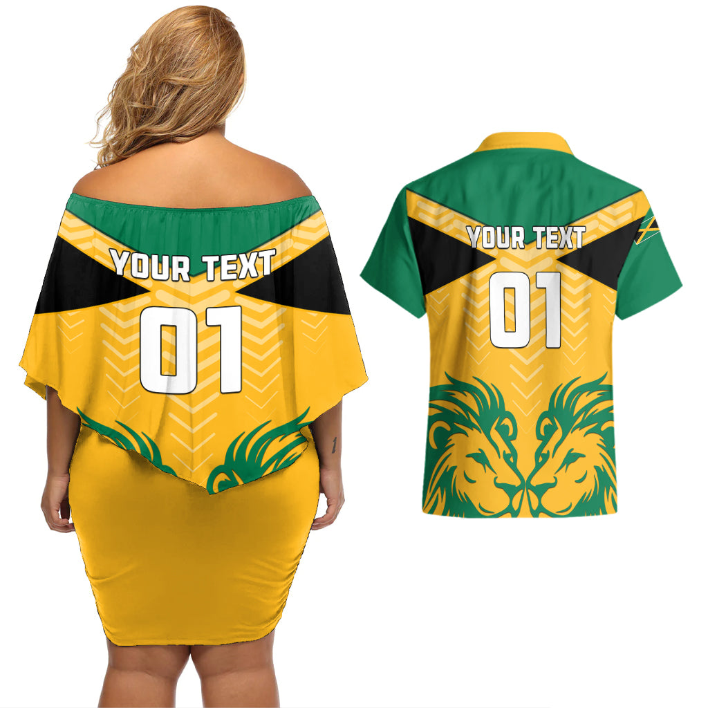 Personalised Jamaica Football Couples Matching Off Shoulder Short Dress and Hawaiian Shirt Reggae Girlz Lion Sporty Style - Wonder Print Shop