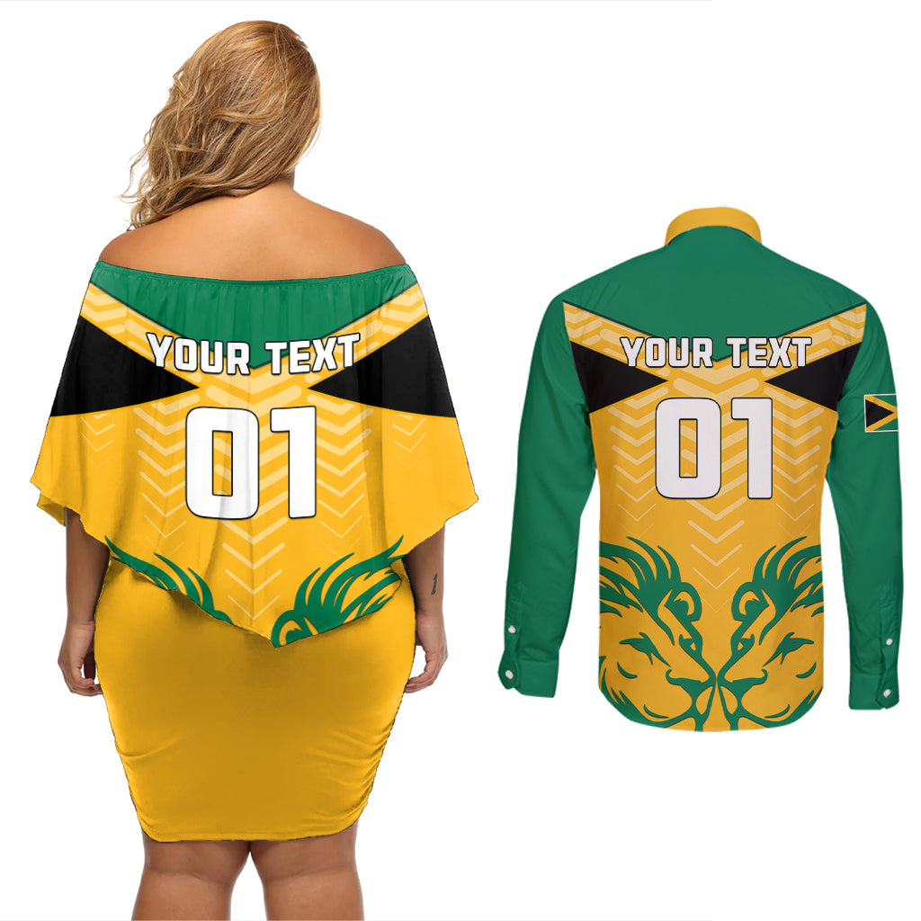 Personalised Jamaica Football Couples Matching Off Shoulder Short Dress and Long Sleeve Button Shirts Reggae Girlz Lion Sporty Style - Wonder Print Shop