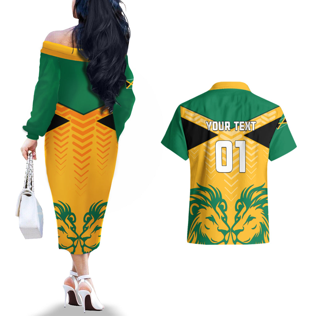 Personalised Jamaica Football Couples Matching Off The Shoulder Long Sleeve Dress and Hawaiian Shirt Reggae Girlz Lion Sporty Style - Wonder Print Shop