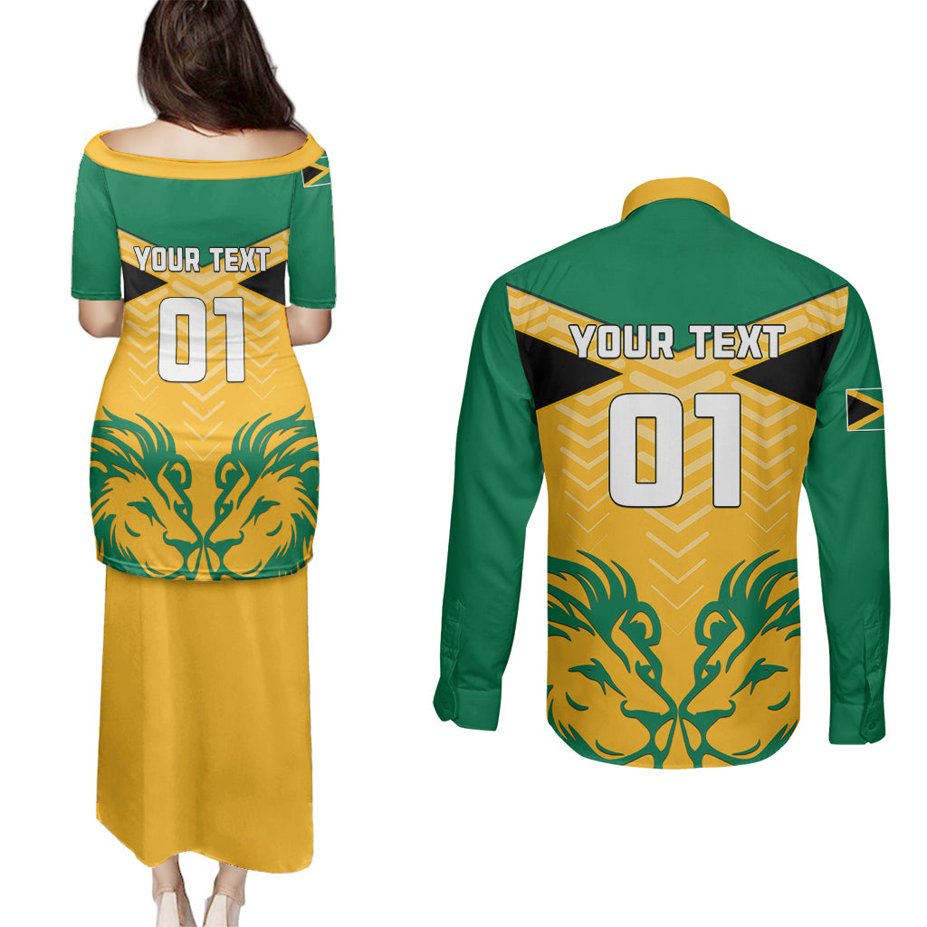 Personalised Jamaica Football Couples Matching Puletasi Dress and Long Sleeve Button Shirts Reggae Girlz Lion Sporty Style - Wonder Print Shop