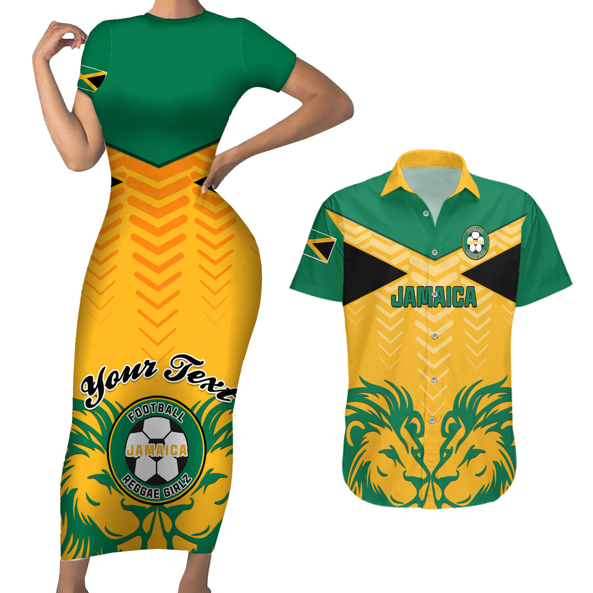 Personalised Jamaica Football Couples Matching Short Sleeve Bodycon Dress and Hawaiian Shirt Reggae Girlz Lion Sporty Style - Wonder Print Shop