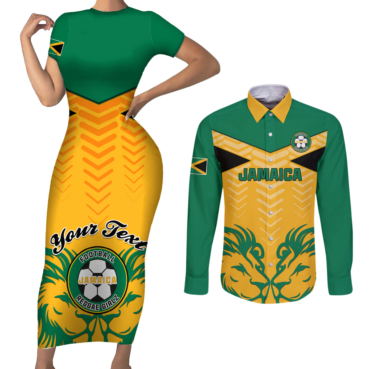 Personalised Jamaica Football Couples Matching Short Sleeve Bodycon Dress and Long Sleeve Button Shirts Reggae Girlz Lion Sporty Style - Wonder Print Shop