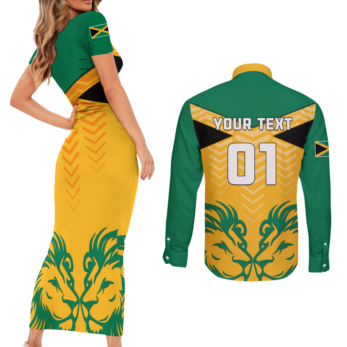 Personalised Jamaica Football Couples Matching Short Sleeve Bodycon Dress and Long Sleeve Button Shirts Reggae Girlz Lion Sporty Style - Wonder Print Shop