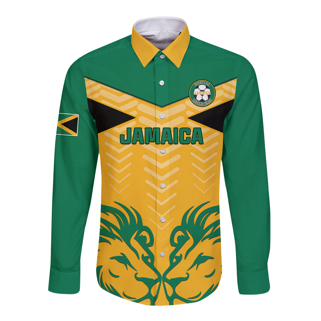 Personalised Jamaica Football Long Sleeve Button Shirt Reggae Girlz Lion Sporty Style - Wonder Print Shop