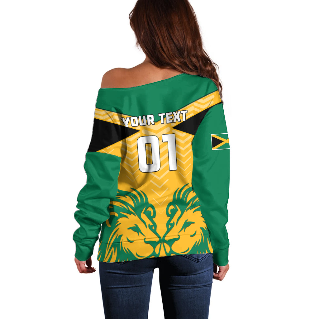 Personalised Jamaica Football Off Shoulder Sweater Reggae Girlz Lion Sporty Style - Wonder Print Shop