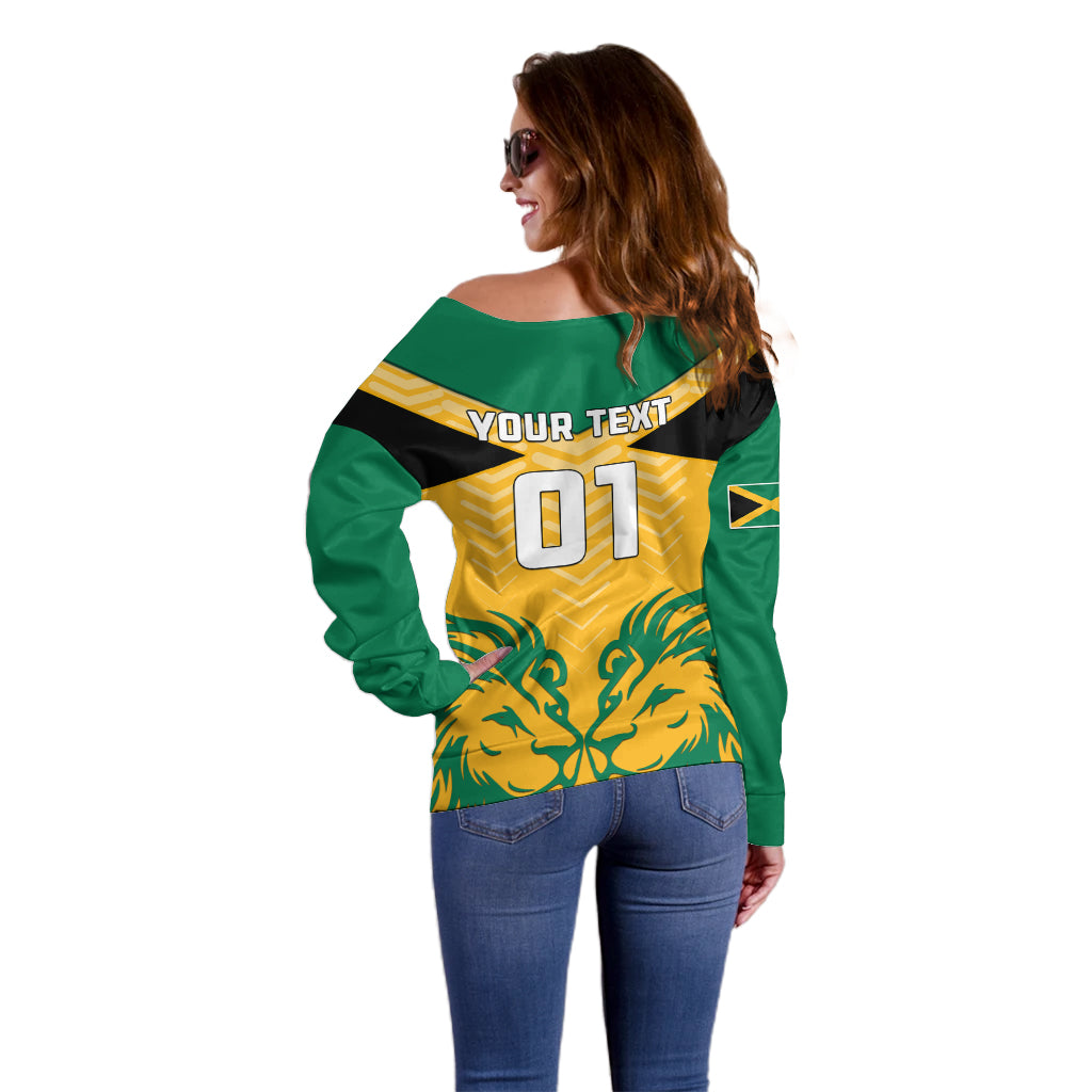 Personalised Jamaica Football Off Shoulder Sweater Reggae Girlz Lion Sporty Style - Wonder Print Shop