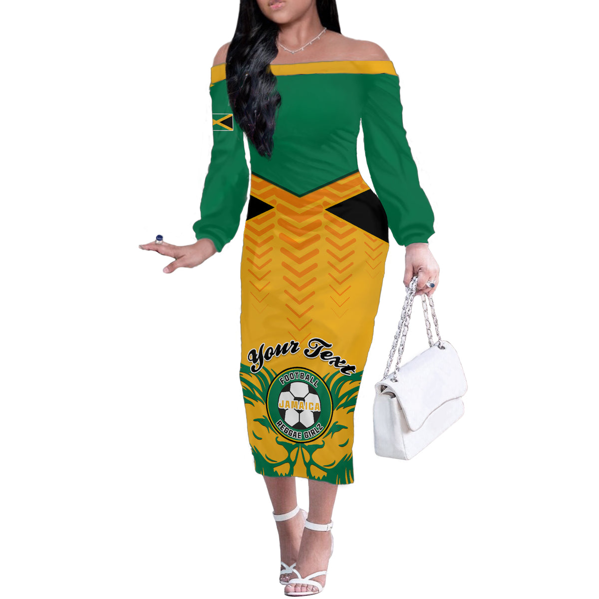 Personalised Jamaica Football Off The Shoulder Long Sleeve Dress Reggae Girlz Lion Sporty Style - Wonder Print Shop