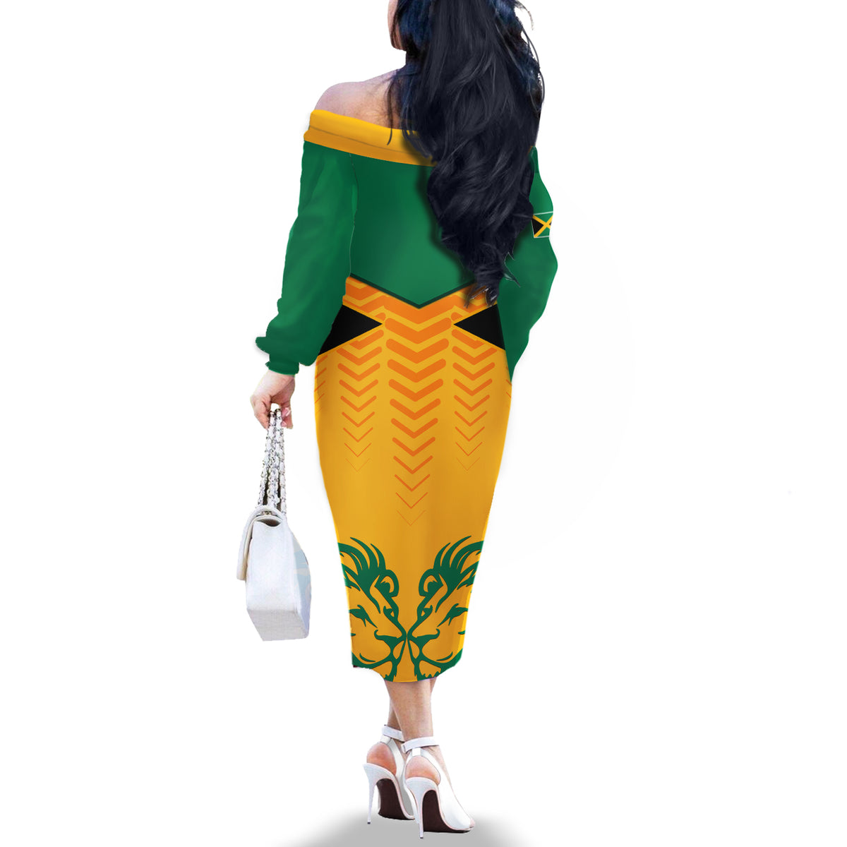 Personalised Jamaica Football Off The Shoulder Long Sleeve Dress Reggae Girlz Lion Sporty Style - Wonder Print Shop