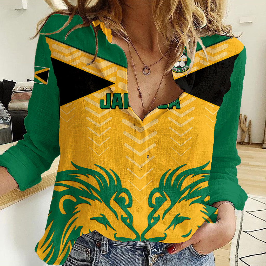 Personalised Jamaica Football Women Casual Shirt Reggae Girlz Lion Sporty Style - Wonder Print Shop