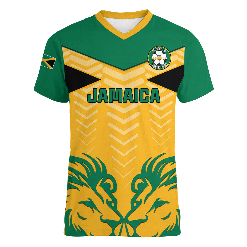 Personalised Jamaica Football Women V Neck T Shirt Reggae Girlz Lion Sporty Style - Wonder Print Shop
