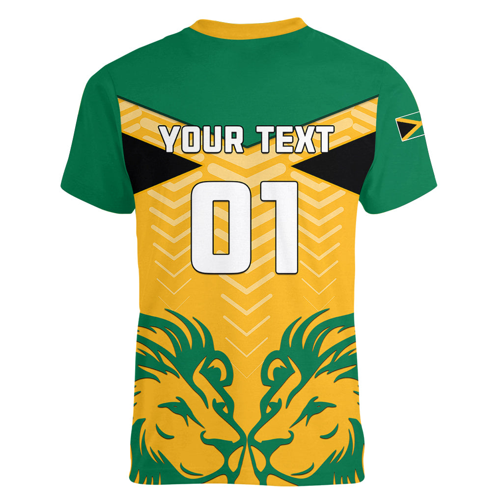 Personalised Jamaica Football Women V Neck T Shirt Reggae Girlz Lion Sporty Style - Wonder Print Shop